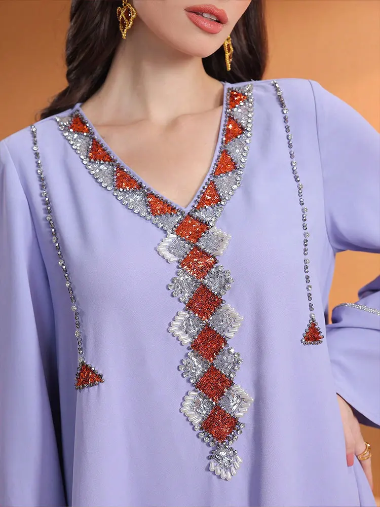 New Muslim Abayas for Women Light Luxury Dubai Indian Dress Fashion Embroidery Long Sleeves Dress Muslim Temperament Gauze Dress
