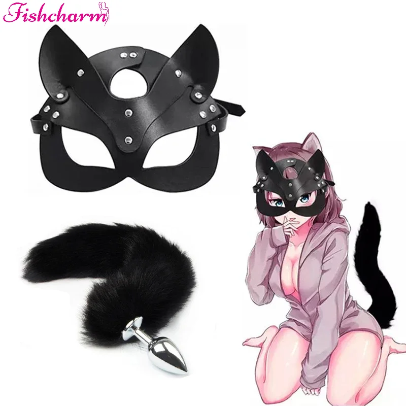 Kobiety Sexy Half Face Fox Cosplay PU Leather Anime Mask With Rivet Punk Collar For Halloween Party Masquerade Ball Fancy Masks