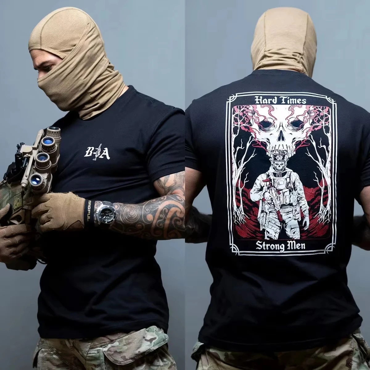 2026 New BIA Oversized Unisex Streetwear T Shirt Hard Times Strong Men Skull Tactical Front Back Graphic Tee Short Sleeve Tops