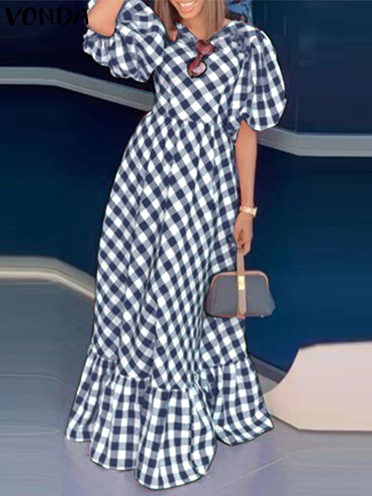 

Plus Size VONDA Women Summer Dress 2025 Plaid Printing Sundress Holiday Bohemian Puff Sleeve Ruffled Vestidos Casual Party Robe