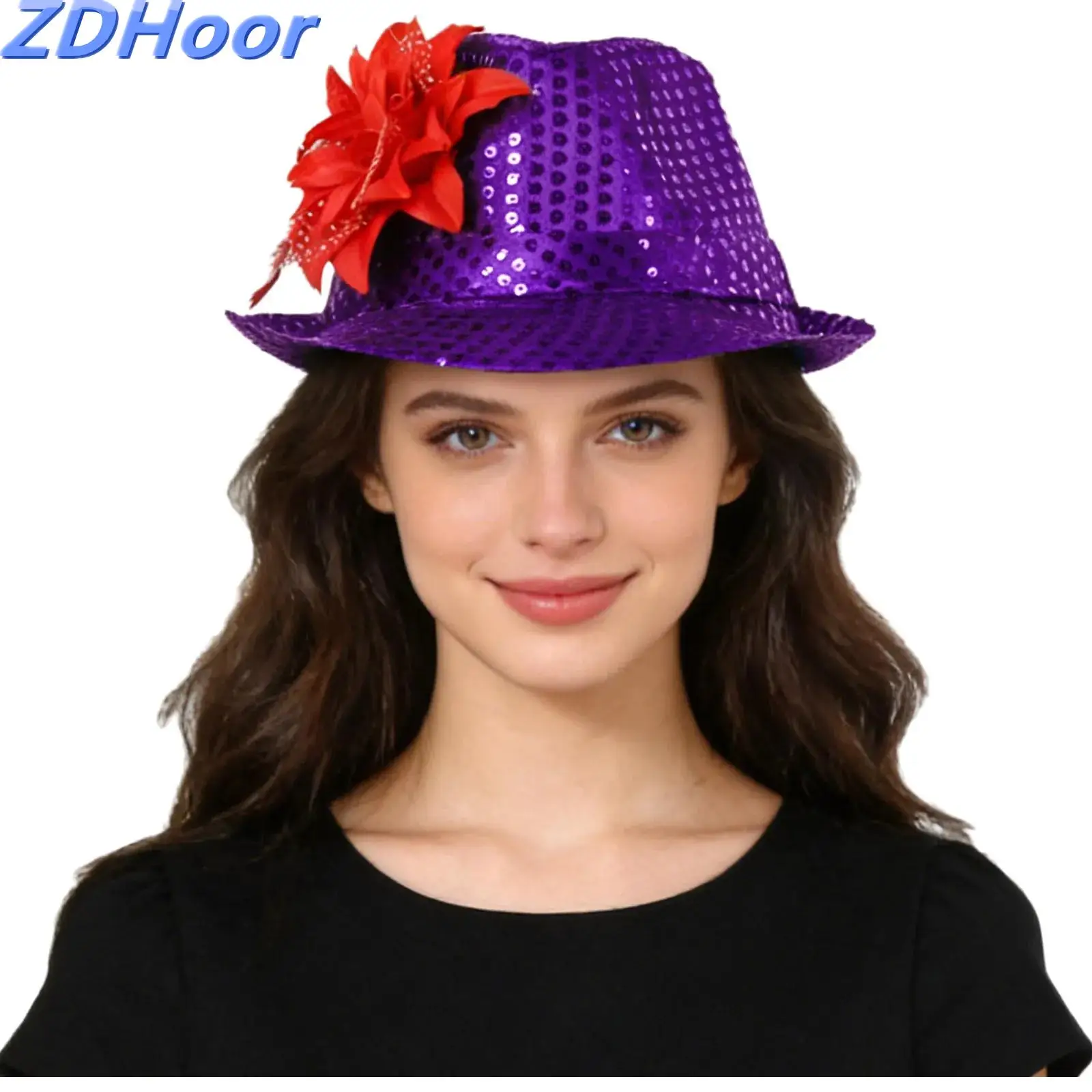 

Unisex Sequins Fedora Hats Flower-decorated Stage Hat for Mardi Gras St. Patrick Day Festive Events