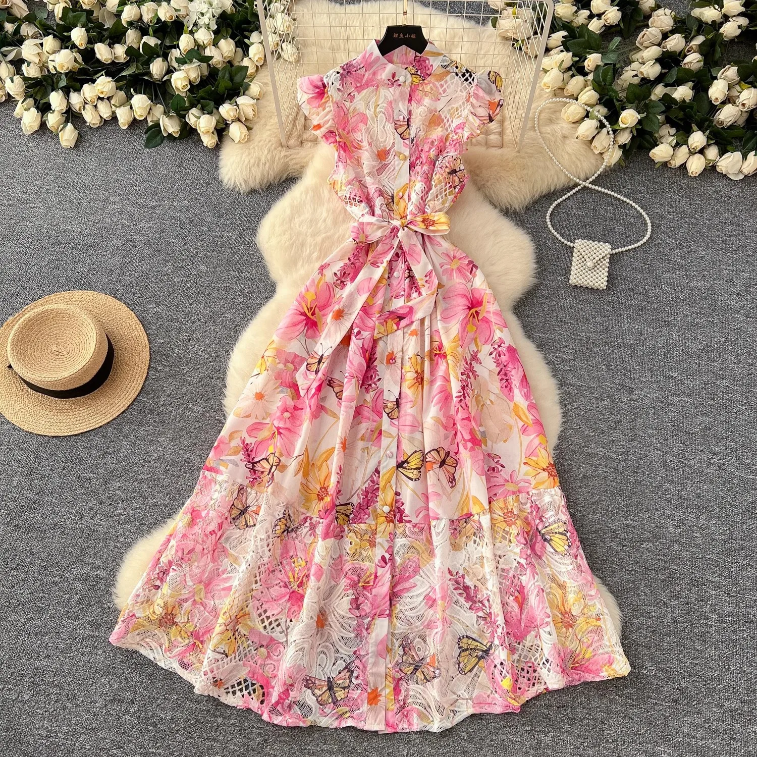 

Summer Gorgeous Flower Embroidery Lace Spliced Wedding Dress Women Ruffles Sleeve Colorful Belt Long Robe Holiday Party Vestidos