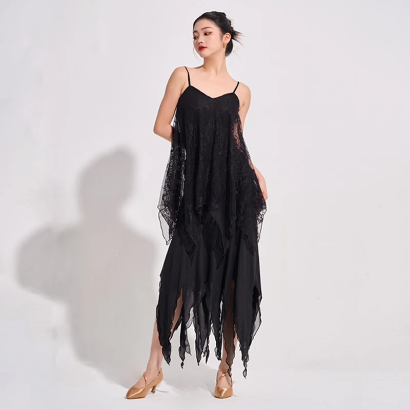 New Latin Ballroom Dance Clothes Women Black Tops Irregular Mesh Skirt Waltz Dancing Performance Costume Practice Wear  DNV24518