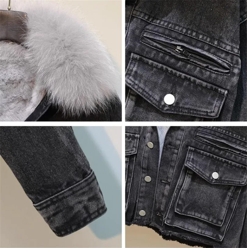 Retro patch pocket washed short denim jacket women autumn winter 2023 fashion fur liner parkas Female Outerwear Y4544