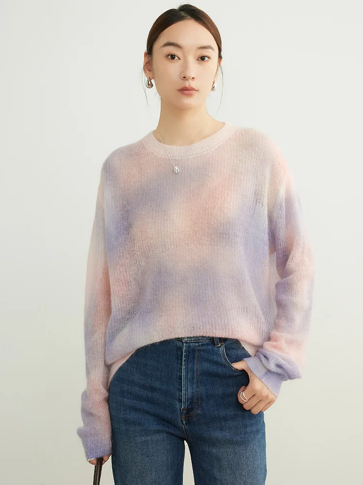 SuyaDream, Women Mohair Pullovers, Wool Blend Printed Sweaters, Loose fitting, 2024 Fall Winter Fashionable Top, Purple, Blue