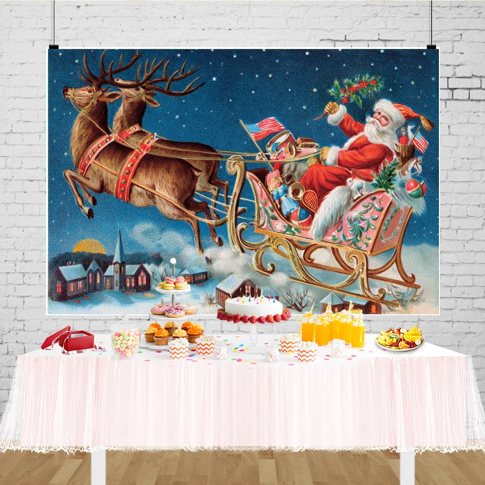 عيد ميلاد سعيد سانتا كلوز الخلفيات ، زينة حفلة عيد الميلاد الجدول ، خلفية التصوير الفوتوغرافي ، مزلقة الرنة ، الشتاء سنو صور راية