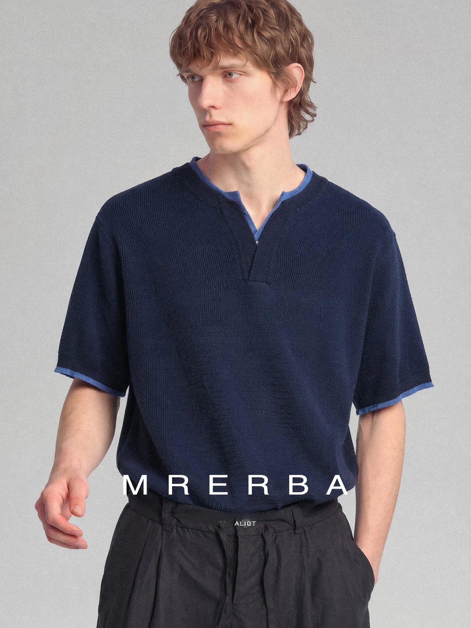 Linen Mix Knitted Short Sleeve Henry Collar Fake Two-Piece Breathable Cool Feeling Texture Men's Summer Inner Wear T-Shirt