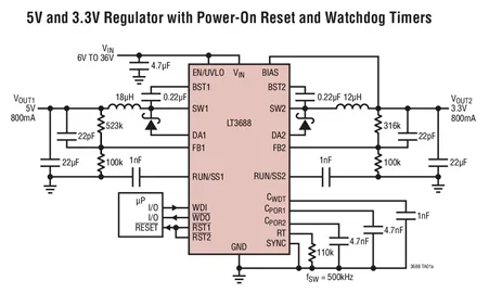 LT3688 LT3688EUF LT3688IUF - Dual 800mA Step-Down Switching Regulator with Power-On Reset and Watchdog Timer