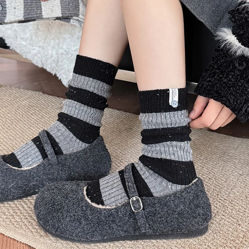 

Осенне-зимние полосатые длинные носки, японские модные утепленные женские носки, хлопковые вязаные термостойкие носки средней длины, однотонные носки