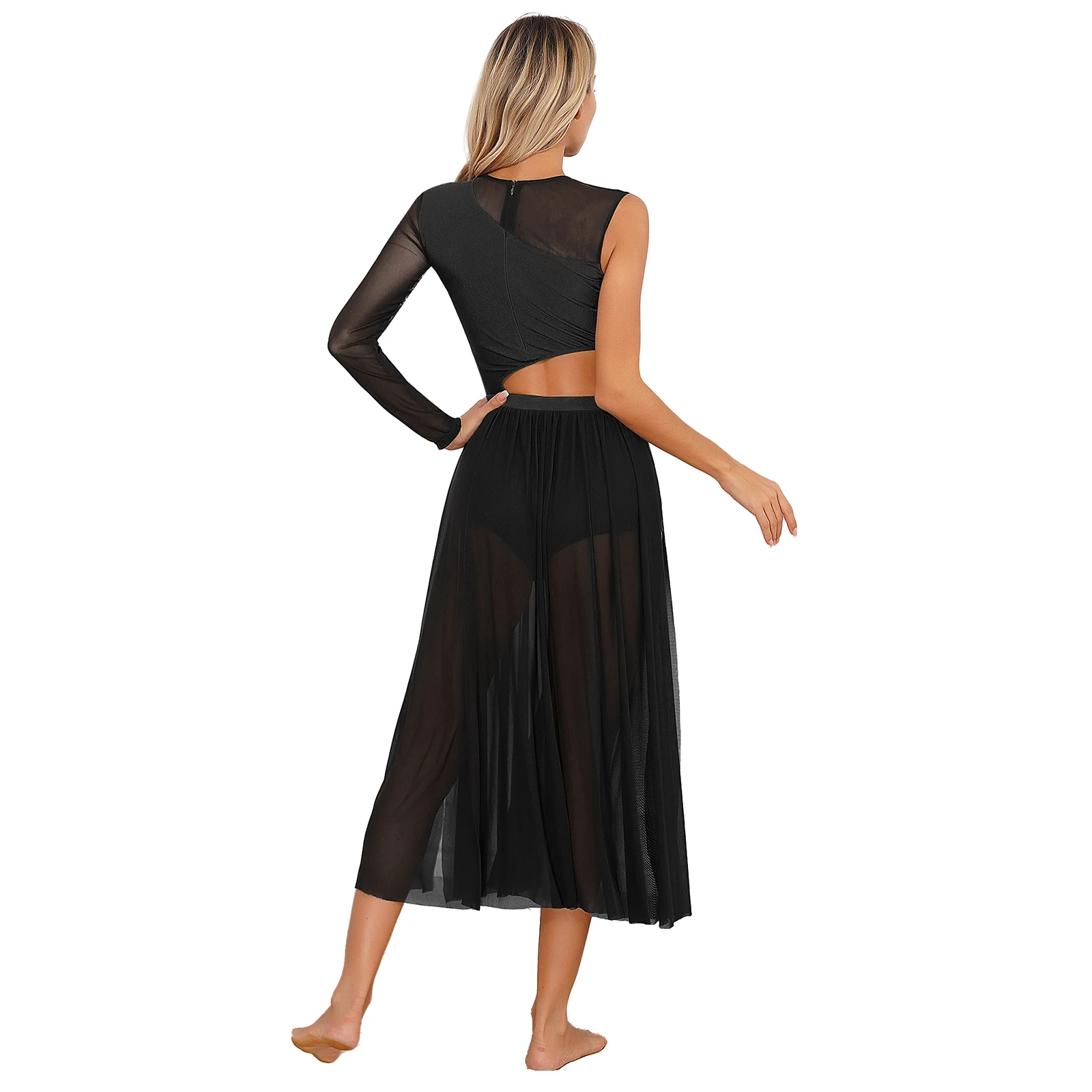 Women's Modern Lyrical Dance Costume Cutout Patchwork Mesh Leotard Dress Side Split Tulle Maxi Dresses Ballet Ballroom Dancewear