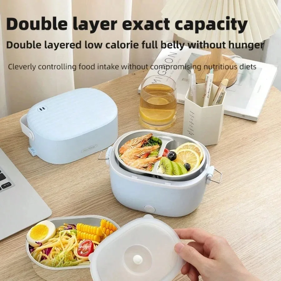 Portable Lunch Box 2 Layers Leak-proof Sealing Liner Food Heater Warmer Automatic Power Off 1L Rice Cooker for Office Dormitory