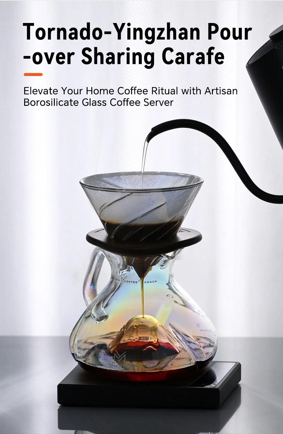 MUVNA Tornado Glass Coffee Server 450ml-Barista Grade Hand Drip Carafe,Leak-Proof Spout,Heat-Resistant for Pour Over/Iced Brew