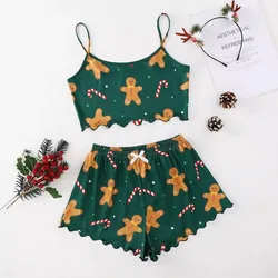 Sexy Nightwear Women Sleeveless Christmas Pajamas Gingerbread Printed Halter Homewear Two-Piece Set Ladies Sleepwear Oungewear