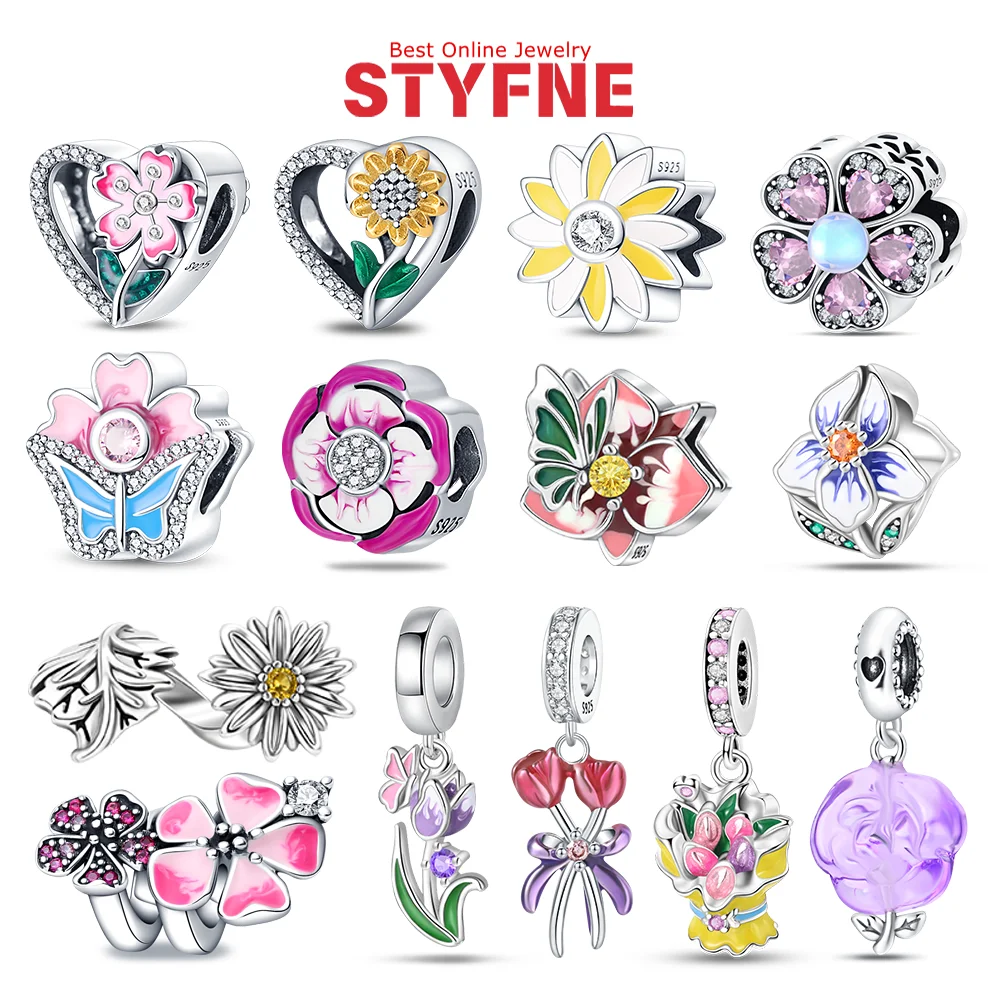 

New Series Silver S925 Rose in Bloom Charm Pendant Beads Shiny Zircon Fit Original Bracelet DIY for Women Jewelry Festival Gift
