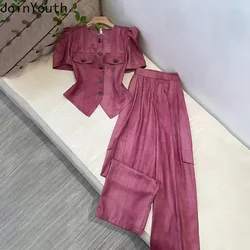 Vintage Women Clothes Korean 2 Piece Sets Puff Sleeve Irregular Tunic Shirts Straight Wide Leg Pants Suit Temperament Summer Set