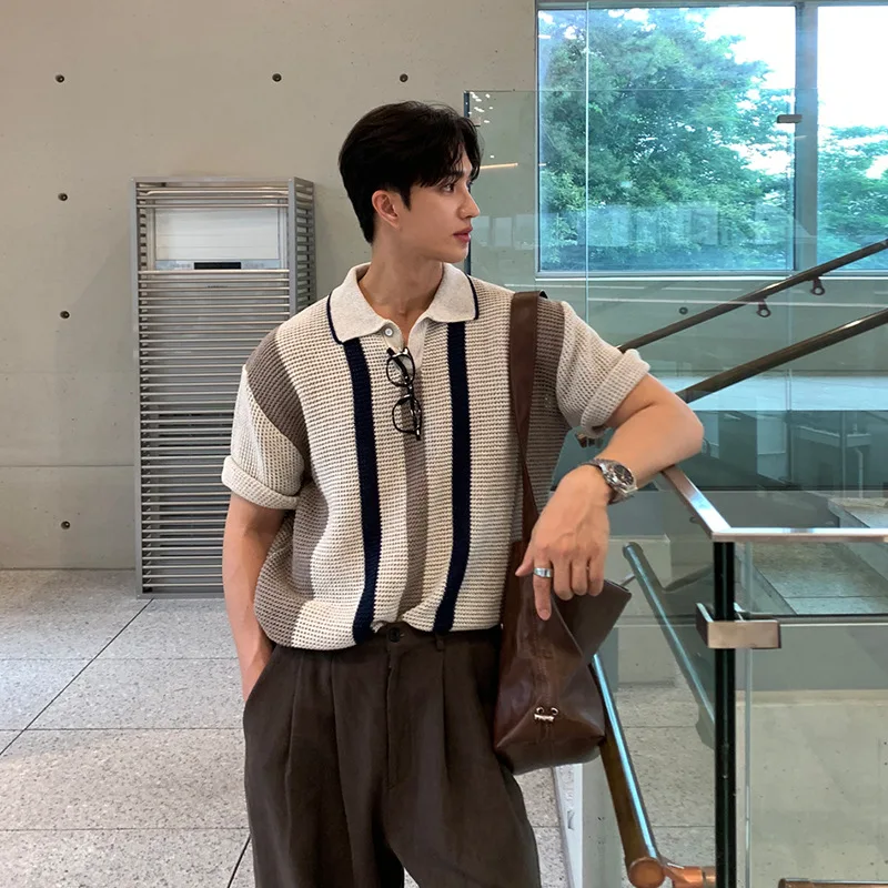 

Дышащая полая мужская трикотажная рубашка поло в вертикальную полоску в тон, корейская версия, весна и лето, новый лацкан с коротким рукавом