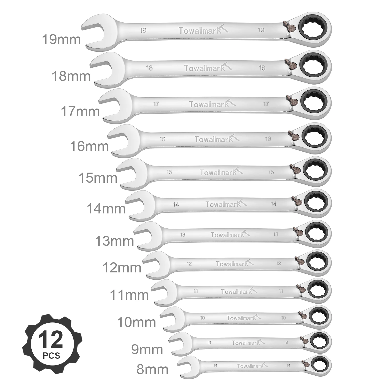 12-Piece Reversible Ratcheting Combination Set, 72 Teeth,Metric 8mm-19mm Wrench Set， Combination Wrench Set with Storage Bag