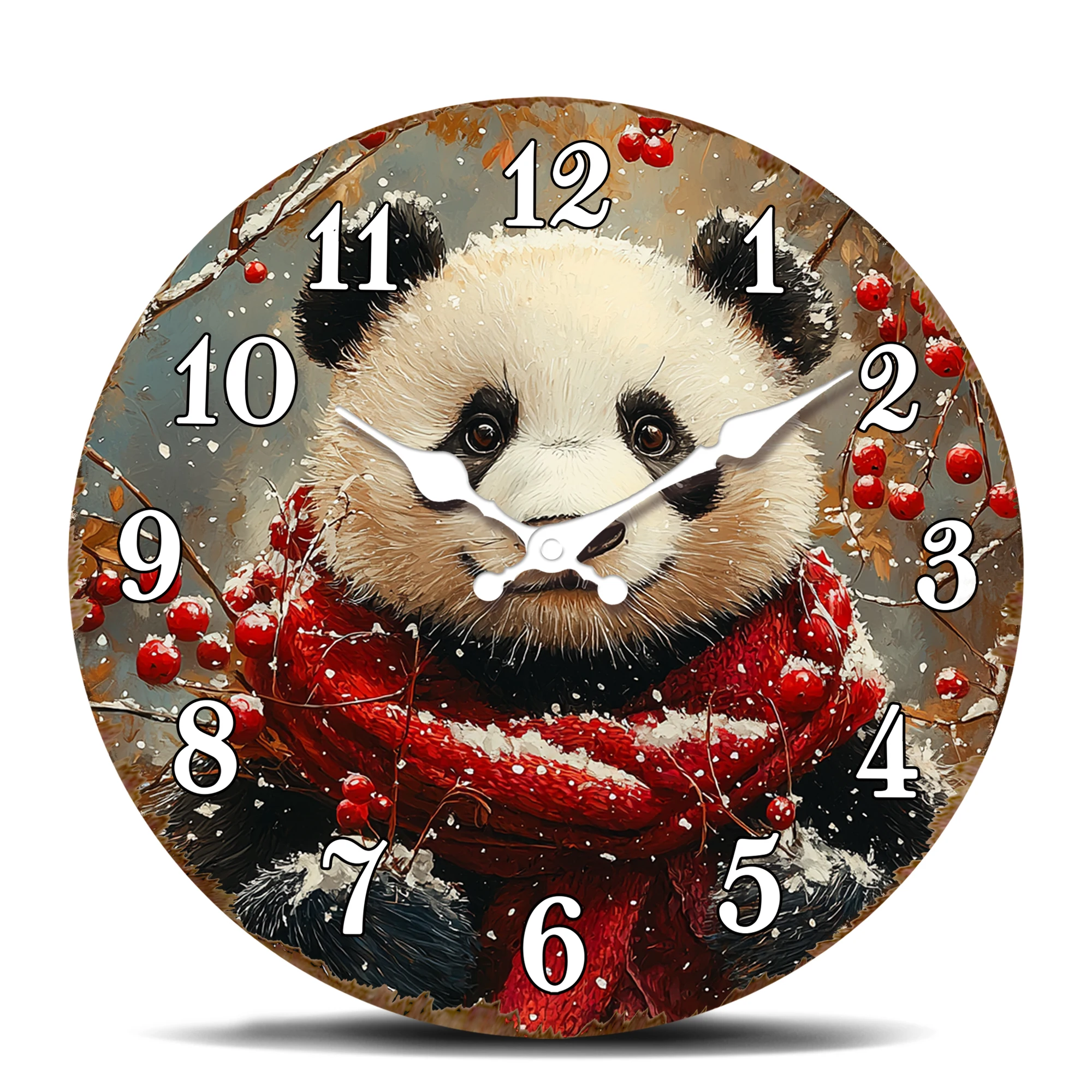 Niedliche Panda-Bär Wanduhr, Winter-Schal Porträt Runde Zeitmesser, Entzückende Tierliebhaber Wohndekor Akzent-Uhr