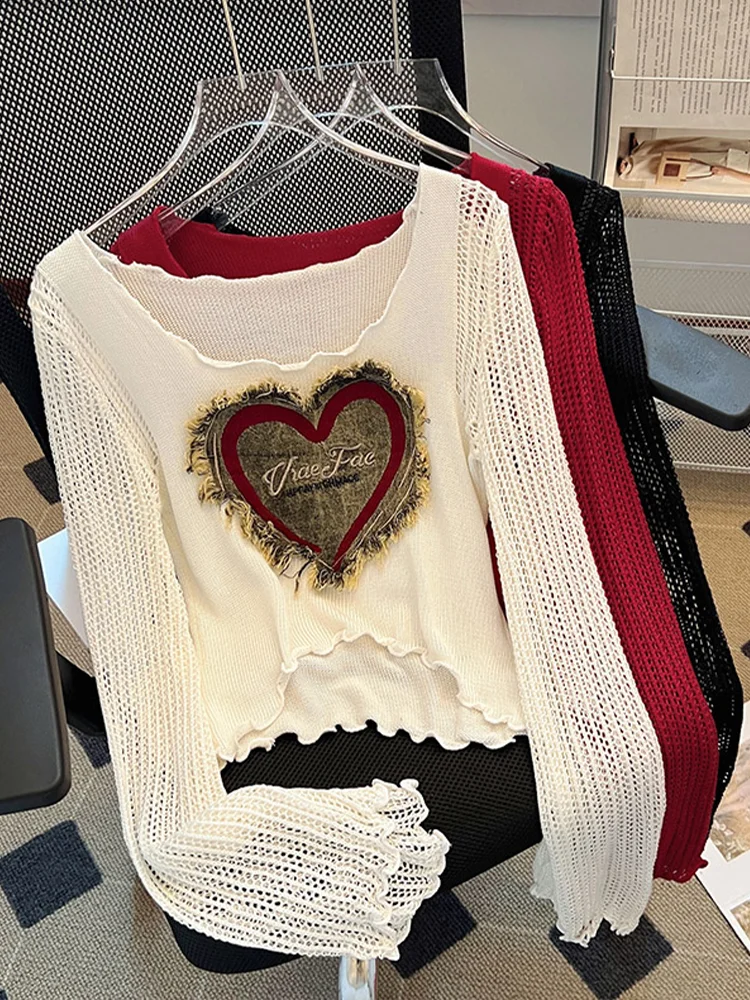 Women\'s Heart Shaped Hollow T-shirt Round Neck Long Sleeve High Street Y2K College Retro 2000s Top Knitted Sweater 2024 Clothing