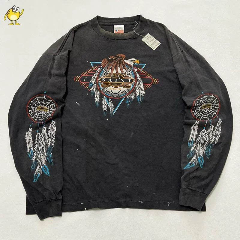 Eagle Spider Web SAINT manga larga hombres mujer buena calidad moda Retro Casual lavado dañado primavera otoño ropa de calle