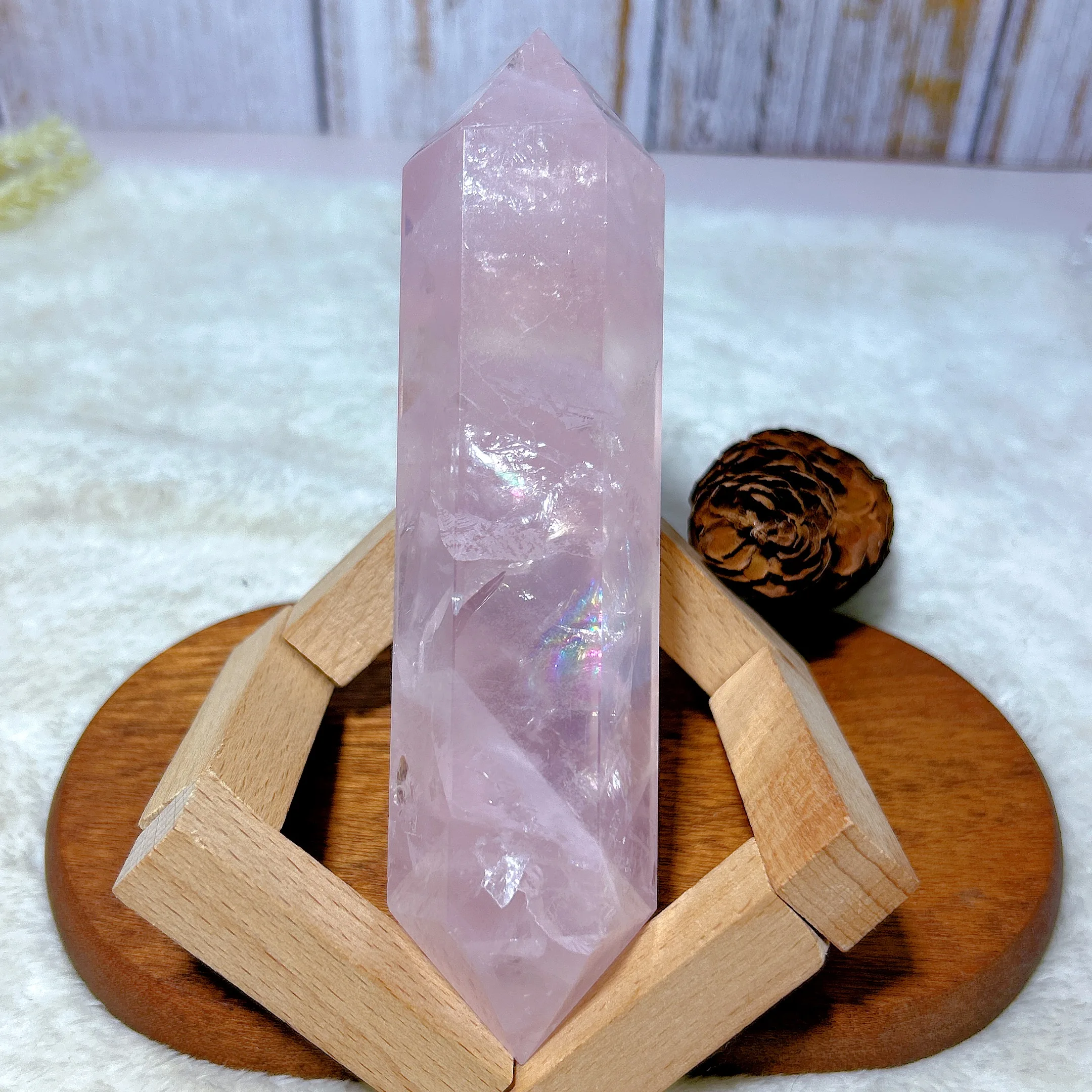 High Quality Natural Crystal Rose Quartz Rainbow Double Tower Point Healing Gemstones Mineral Energy Home Decorations Gift