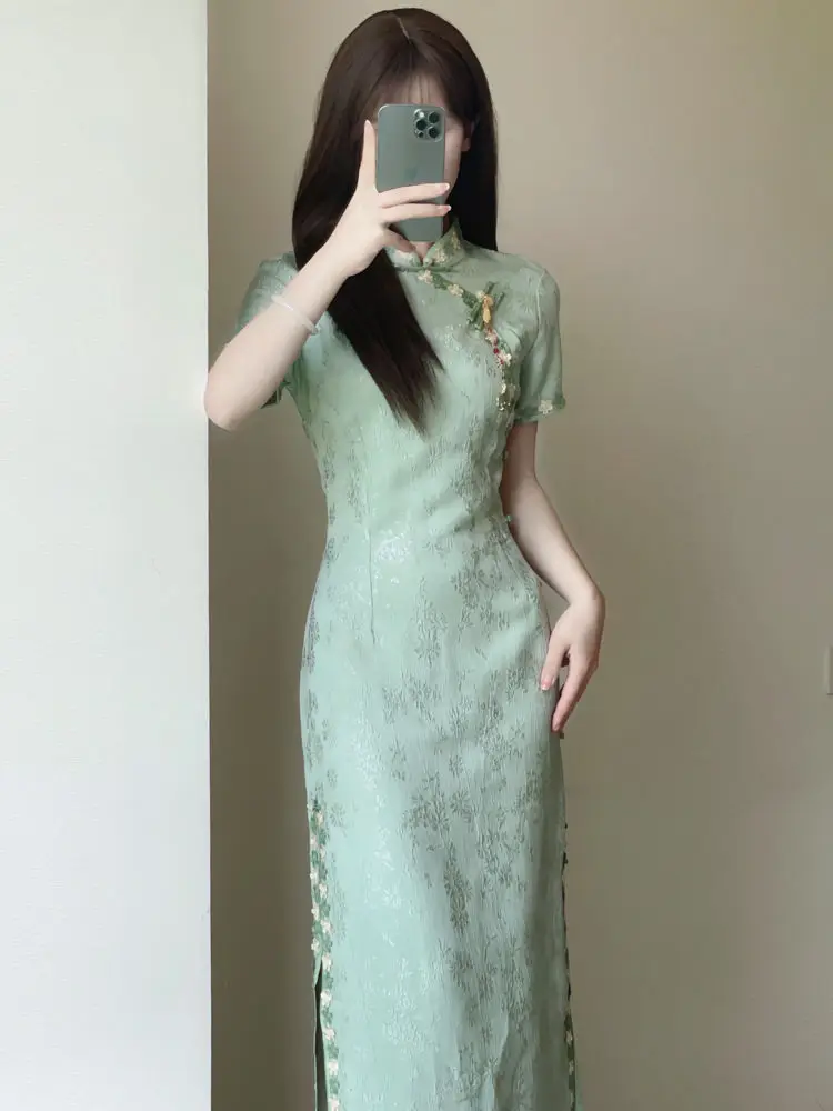 

Women Green Cheongsam 2025 Elegant Daily Improved Qipao Summer Young Girls Modern Chinese Dress Long Dresses