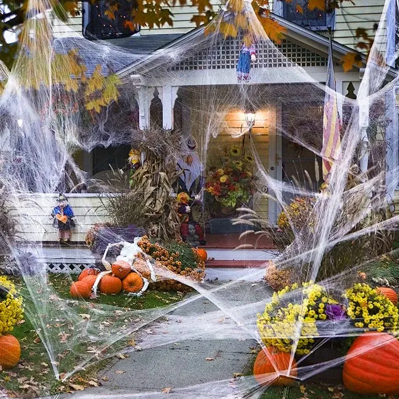 Halloween künstliches dehnbares Spinnennetz mit Spinnen Dekoration für Gothic Geisterhaus Party Horror gruselige Requisiten Accessoires realistisch langlebig perfekt für Innen Außen Halloween Partys und schaurige Dekor – Detail 9