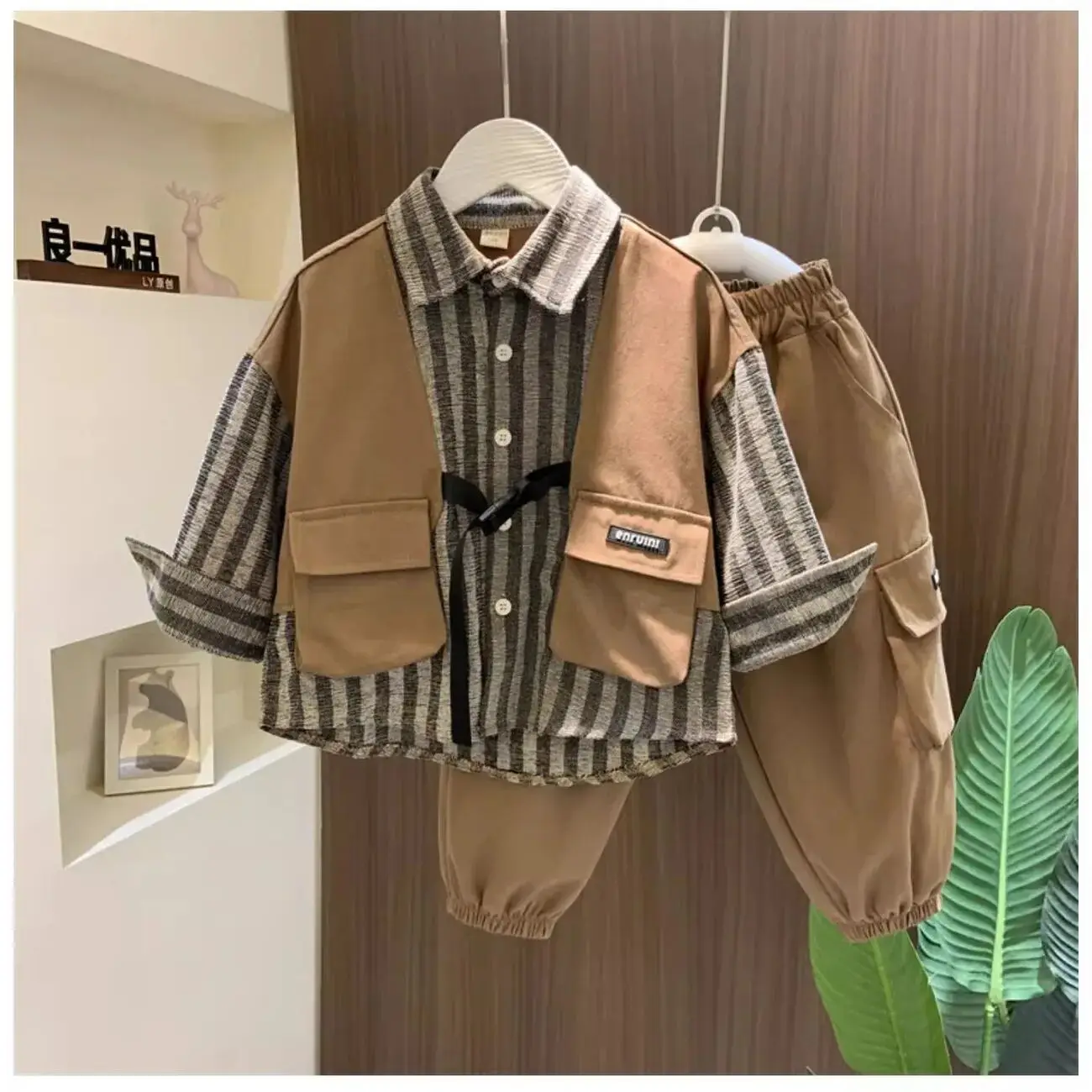 

Children's Shirt Set Spring and Autumn New Boys' Fake Two piece Shirt+Pants 2-piece Set