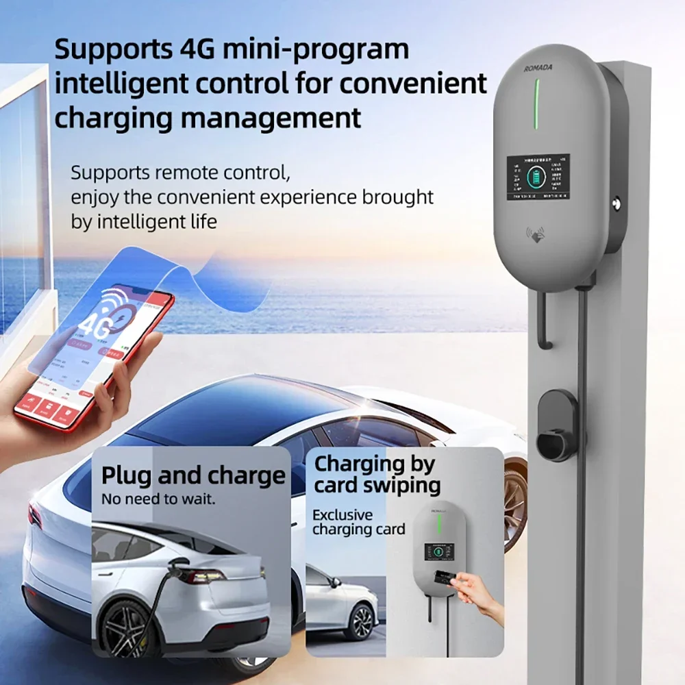 สถานีชาร์จรถยนต์ไฟฟ้า ROMADA 32A เครื่องชาร์จรถยนต์ไฟฟ้า EVSE แบบติดผนัง 7KW สาย Type2 IEC62196 ควบคุมผ่านแอป Bluetooth ﻿