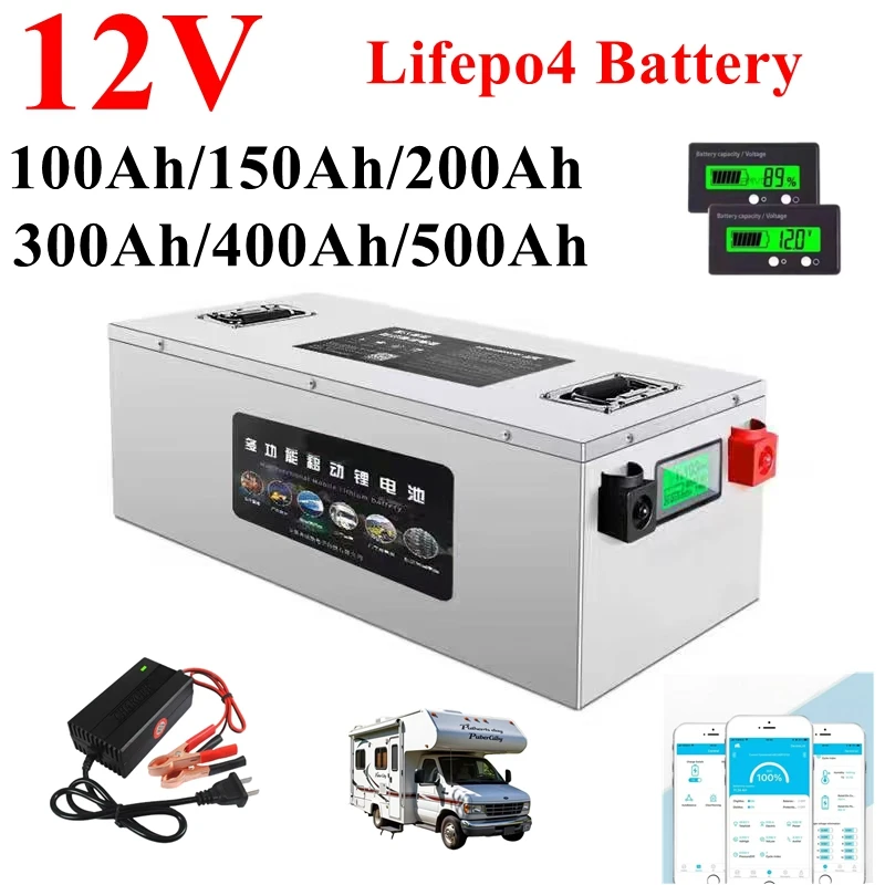 LifePO4 battery pack 12V 100AH 150AH 200AH 400AH 500AH lithium battery BMS for solar camping party car life spare power supply