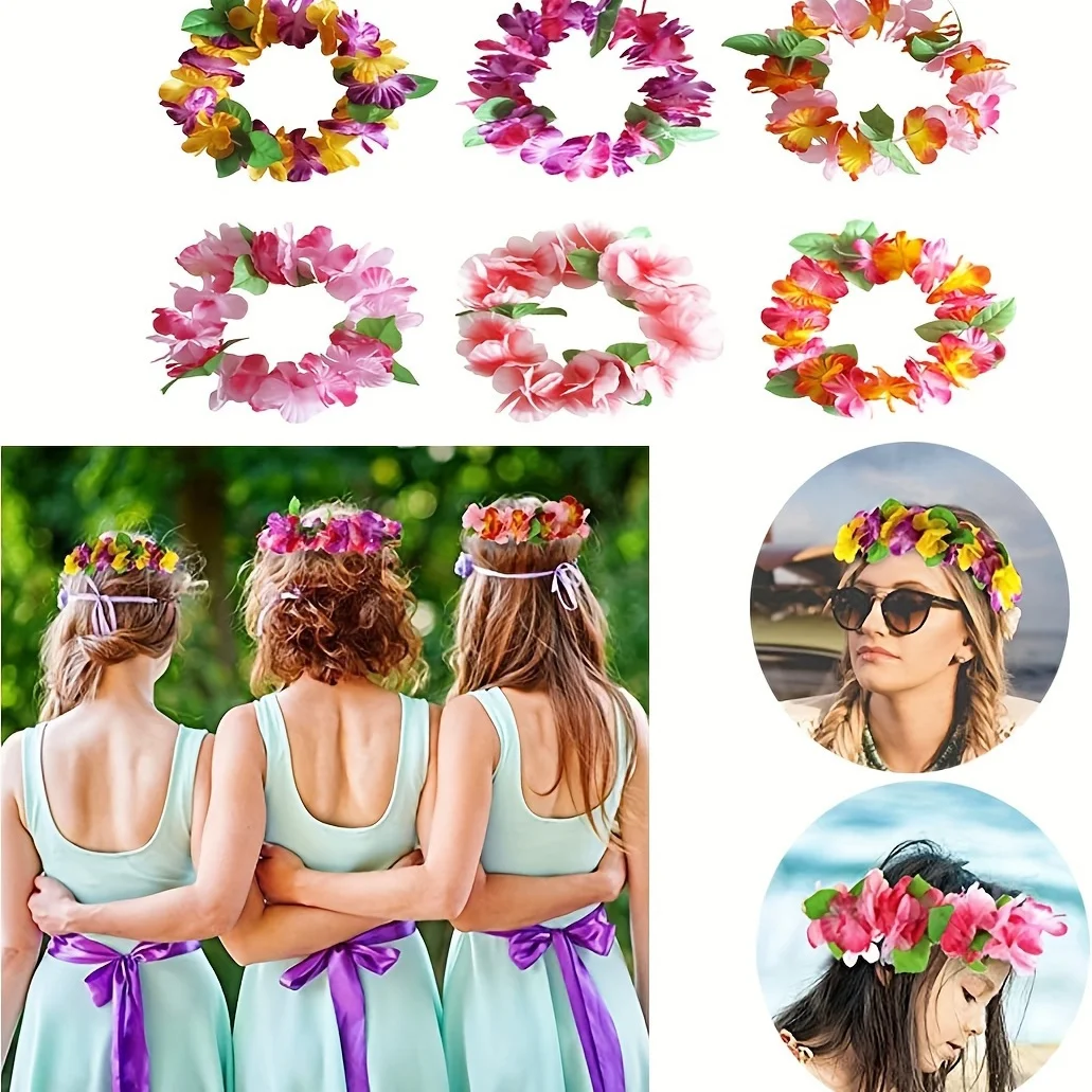 

Artificial Garland Tropical Hawaiian Leis Headbands - Luau Flower Necklace Crown for Beach, Pool And Summer Party Decorations