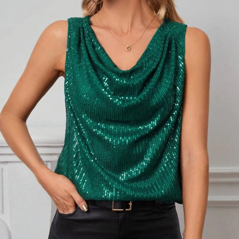 Women Sleeveless Cowl Neck Sparkly Sequin Tank Top Casual Blouse Solid Plain Draped Collar Loose Shirt Vest for Party Daily Wear