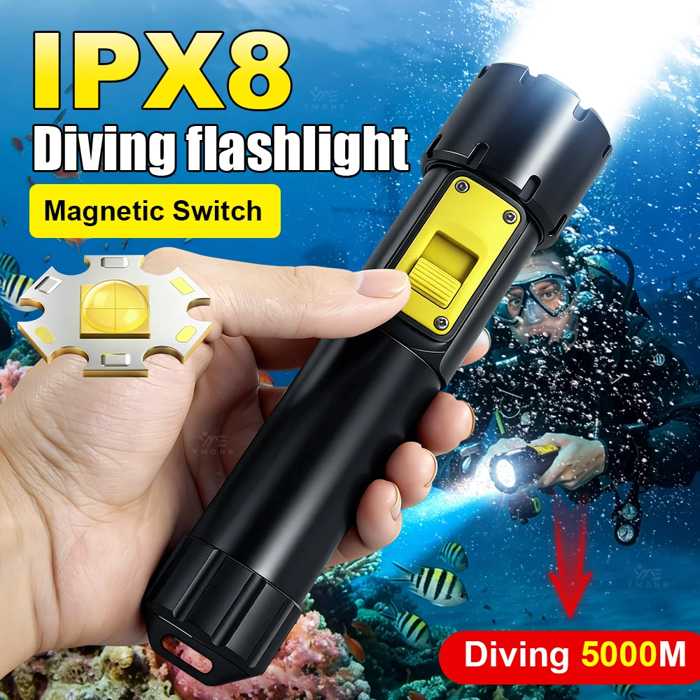 

IPX8 Professional Diving Flashlight Underwater Lamp Portable Magnetic Switch Lamps Diving Torch 5000M High Power LED Flashlights