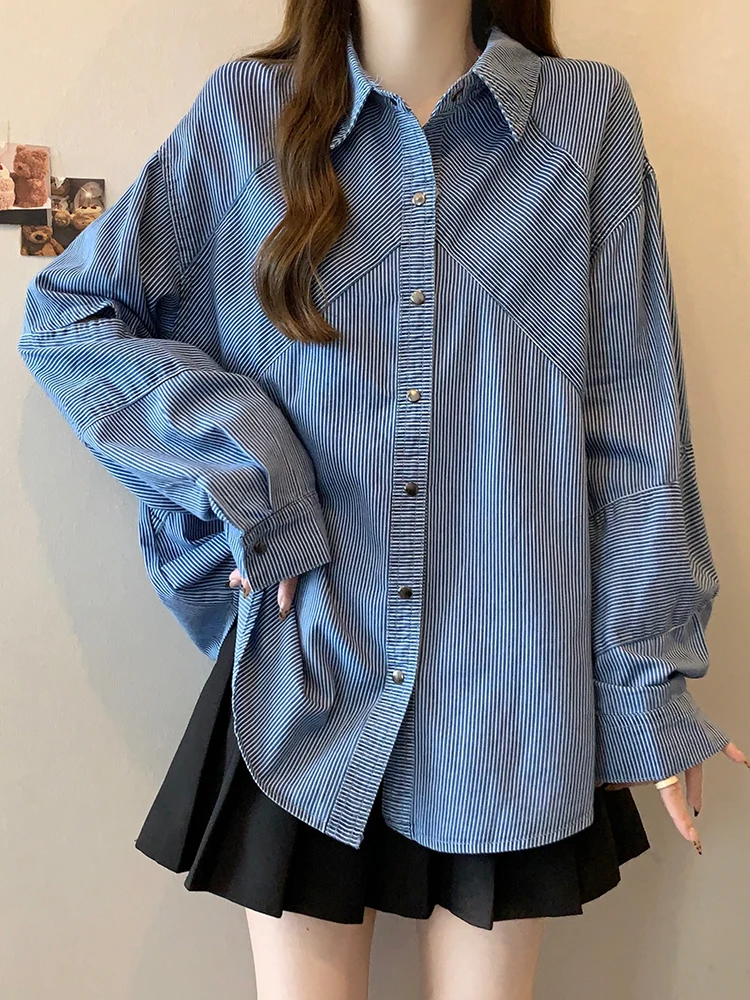 

Blue Striped Denim irt Jaet Women's Casual Loose Long Sle Button up Top for plus Size And Spring Autumn Seasons