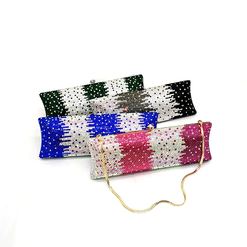 

Luxury female evening party rhinestone elegant bridal wedding bag long shape full crystal clutches purses