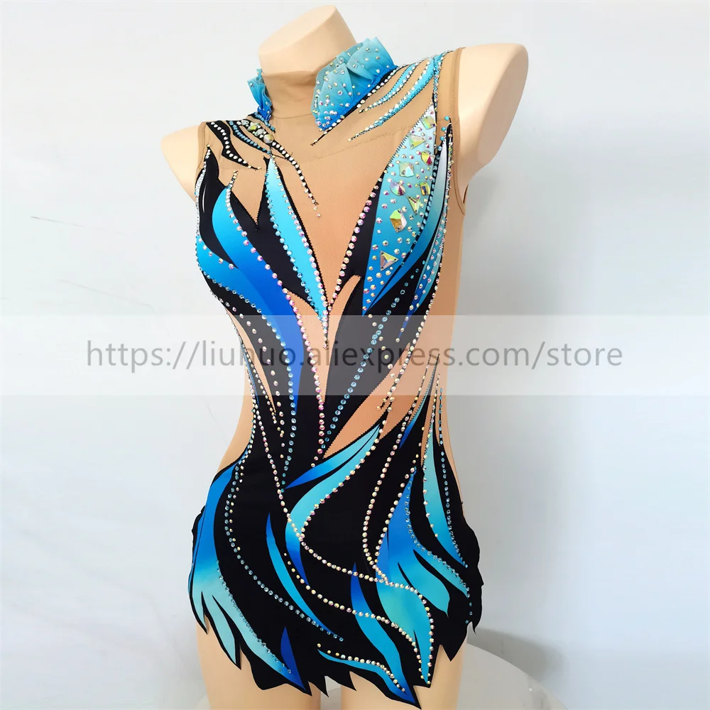 LIUHUO Women Rhythmic Gymnastics Leotards Girls Competition Performance Suit Artistic Dress Dance Sleeveless Ice Skating  Blue