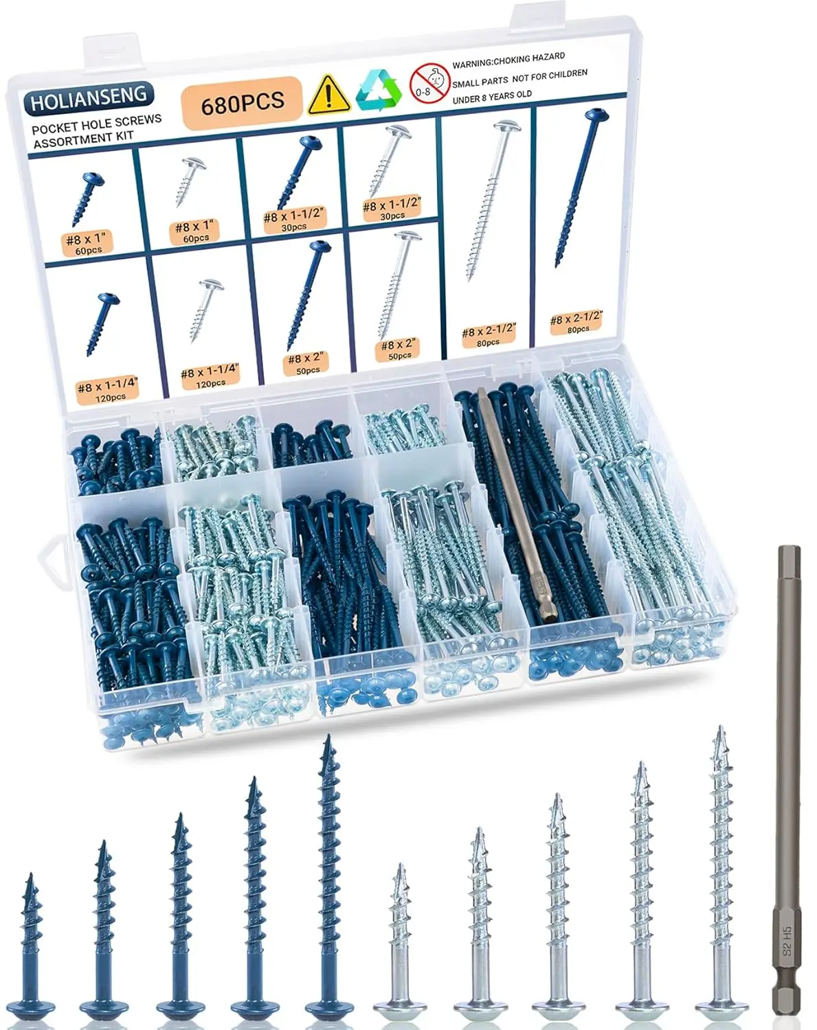 

680 pcs Pocket Hole Screws Assortment Kit, 5 Sizes Blue Ceramic Coated and Zinc Coated Pocket Screws, Square Drive Self Tapping