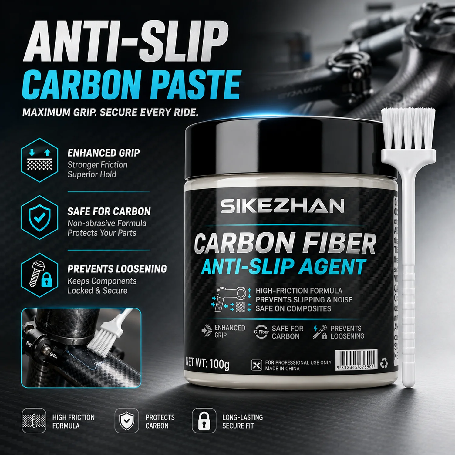 Image of SIKEZHAN 100g Carbon-Montagepaste mit Pinsel, Fahrrad-Reibungsmittel für Sattelstütze & Lenker, Verhindert Rutschen, Geräusche & Verstauung
