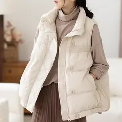 Women's White Duck Down Vest with Zipper, Thick Warm Jacket, Loose Sleeveless Puffer Jacket, Waistcoat Outwear