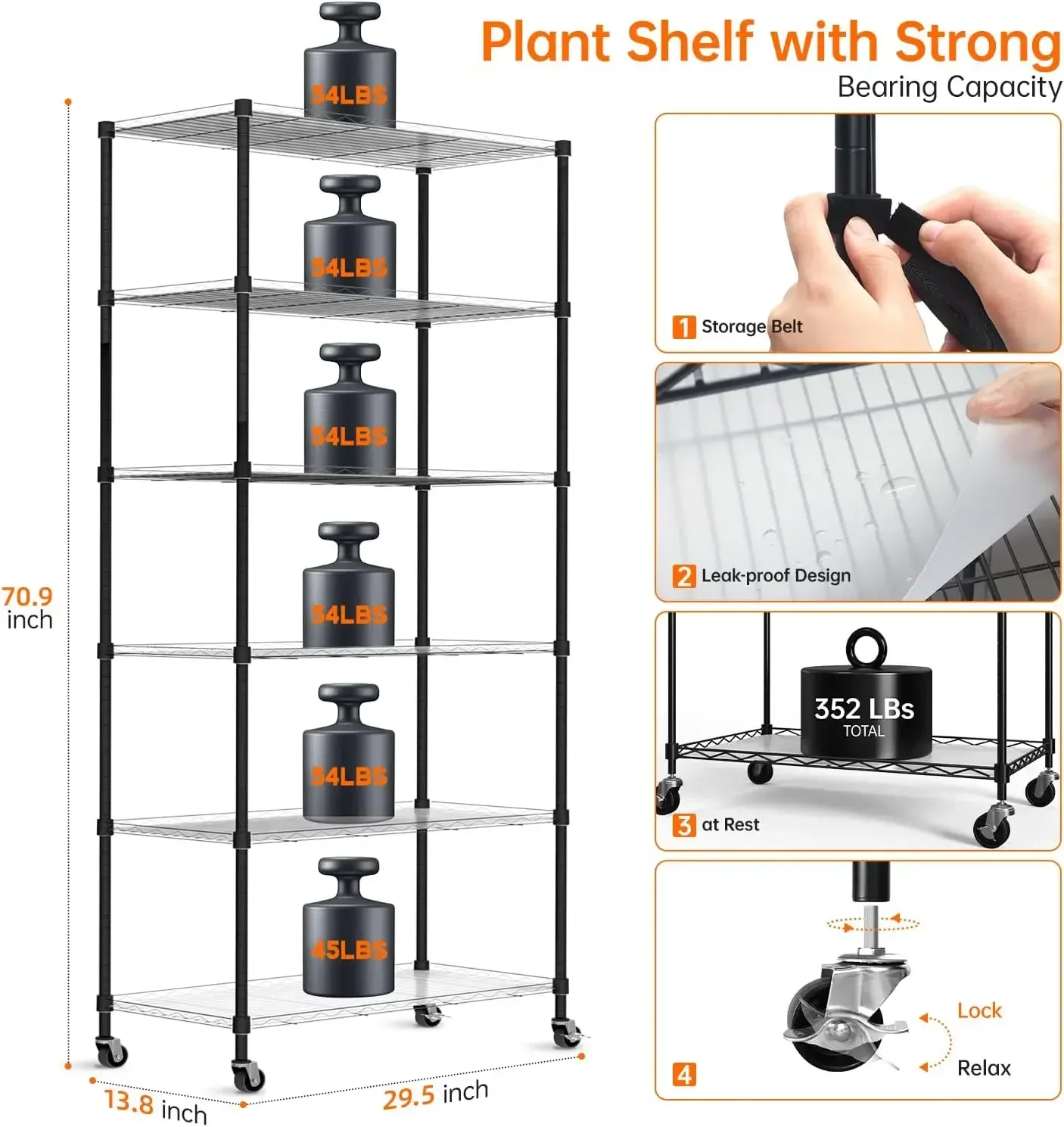 [XMSJ]DIY Plant Shelf with Grow Lights, Grow Light Shelf with Adjustable Rack and Wheels, Plant Stand, 8-Pack 192W T8 3000K Full