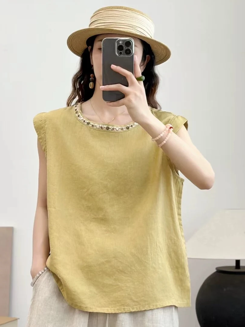 

n Sle Yellow Cotton Linen Svel irt Women Summer Loose round Ne Linen Small Top Upper Apparel