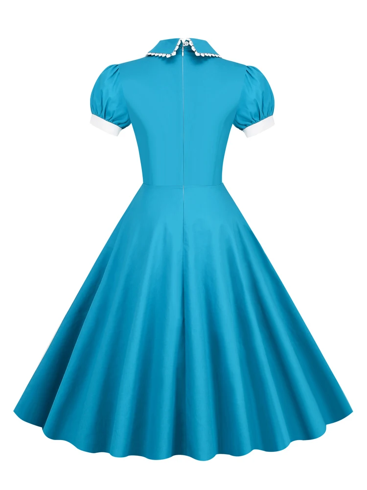 Tonval Peter Pan Collar Puff Sleeve Turquoise Cotton Dresses Women 2026 Elegant Plain Vintage Style Pockets Side Midi Dress