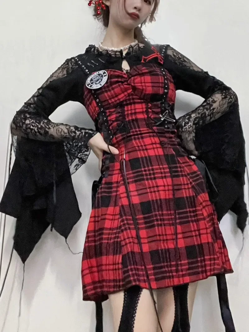 2024 Spice Girl Punk Black Red Plaid Straps Dark Goth Waist Suspender Subculture A Line Dress For Women