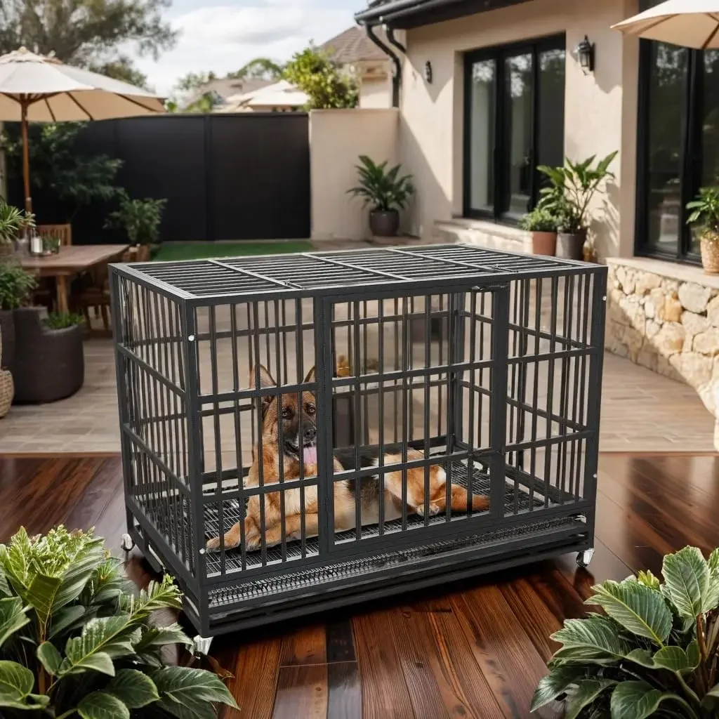 54/48/42/38 Inch Heavy Duty Dog Crate Cage with Wheels, Indestructible and Escape Proof Steel Kennel Indoor for High Anxiety