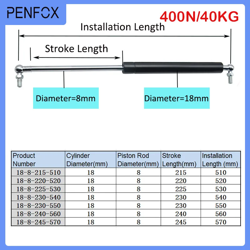 1PC 510mm-570mm 40kg/400N Furniture Strut Bar Car Gas Spring Hydraulic Lift Universal Gas Struts Support Hinge Cabinet Cupboard