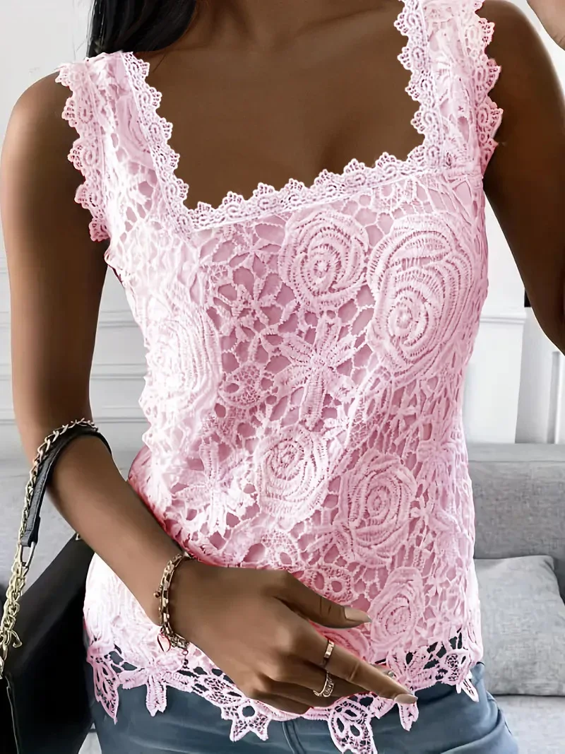 Women Lace Square Neck Vest Summer Loose Sweet Style Tank Tops Elegant Camis Tees Female Casual Commuter Sleeveless T-Shirt 2024