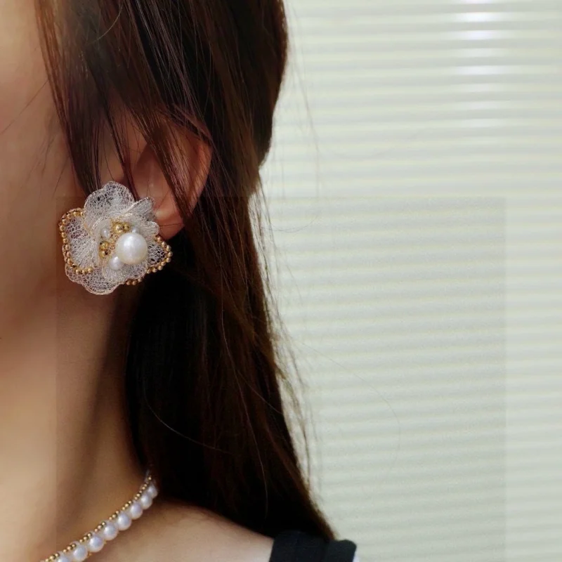 

SGARIT Jewelry DIY Italian Craftwork Lace Flower 14k Filled Gold Natural Edison Pearl Stud Earring Jewellery