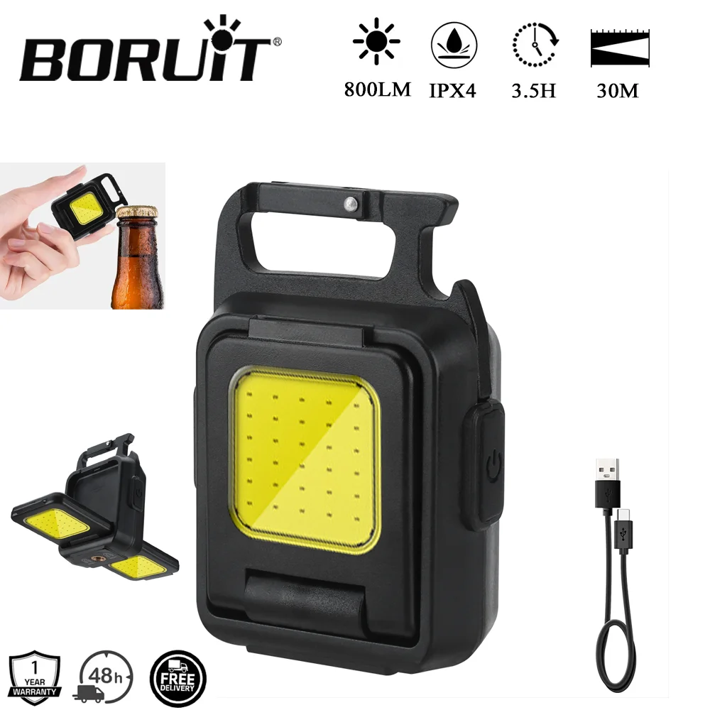 BORUiT 800LM LED Keychain Light Type-C Rechargeable Flashlight Magnetic Work Light 4 Lighting Modes Camping Pocket Lantern