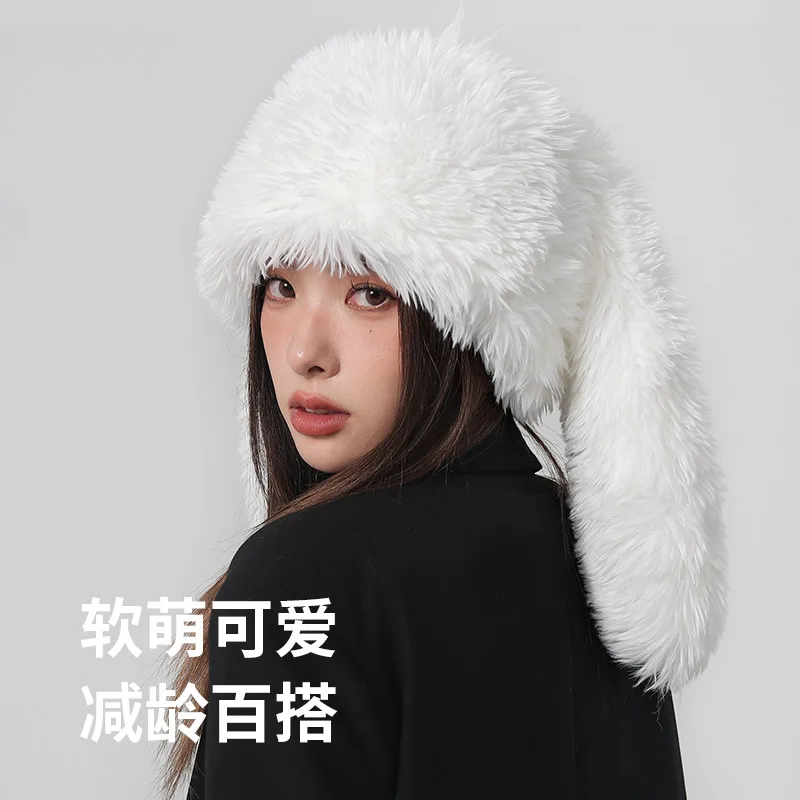 2023 New Bunny Ears Beanies Korea Ins Cute Rose Red Plush Pullover Furry Cap Winter Warm Keeping Funny Photography Women\'s Hats