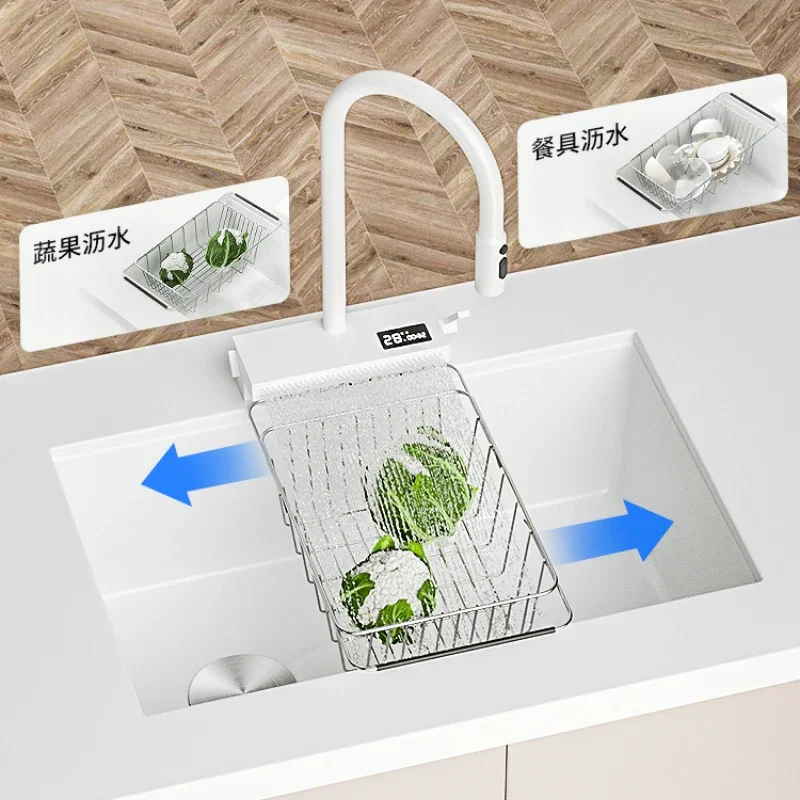 White Feiyu Waterfall Sink Large Single Tank 304 Stainless Steel Vegetable Wash Basin Kitchen